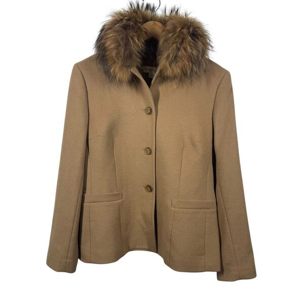 Casual Corner Coat Women 8 Camel Jacket 100% Wool Removable Real Fur Collar - Picture 1 of 6